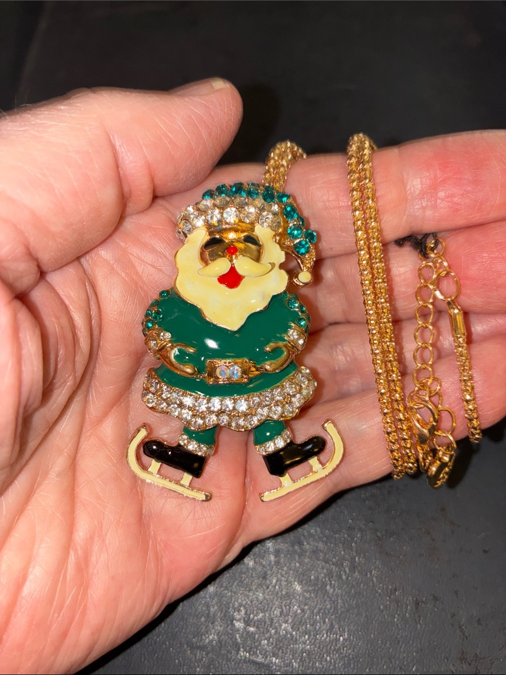 Green Santa Pendant Necklace with Crystal Accents and Ice Skates